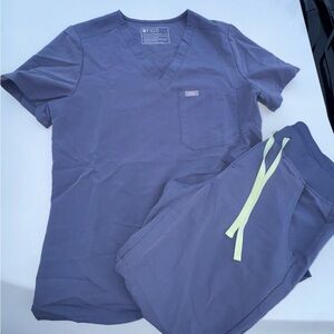Figs Slate Scrub Top and Pants with Lime Drawstrings